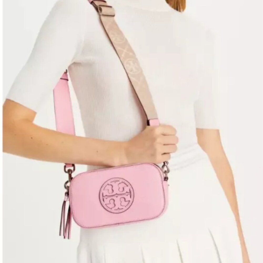 Tory Burch Mini Miller Logo Smooth Leather CrossBody Bag-Pink Plie~NEW